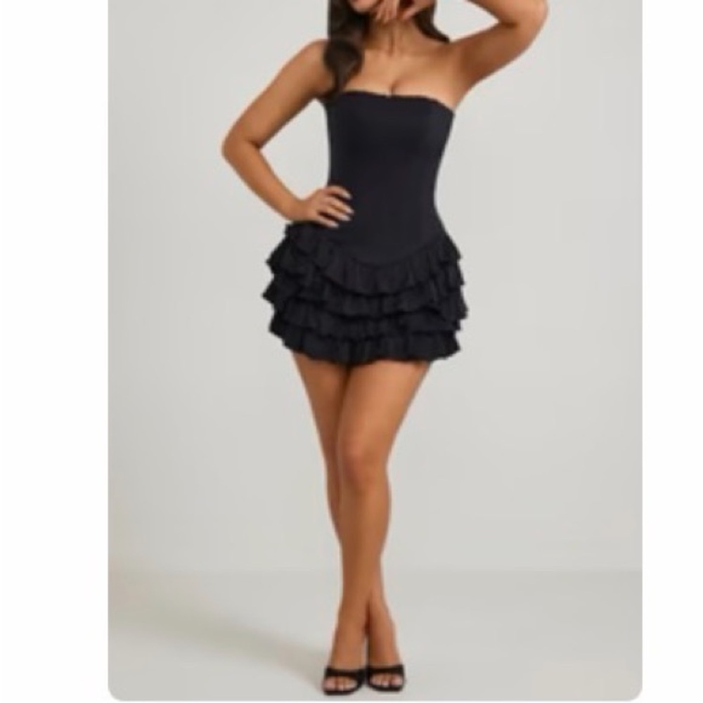 Oh Polly Black Strapless Tiered Mini Dress